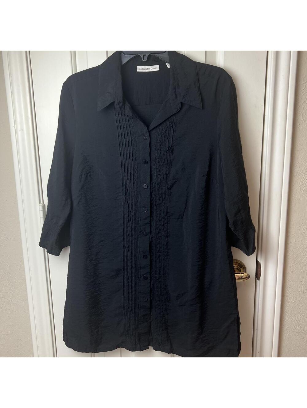 Coldwater Creek Black Blouse Long Shirt Dress PETITE Large 14-16 Pintuck, Boho